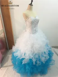 2017 Sexy Moda Blue and White Ball Suknia Quinceanera Suknie z Frezowanie Cekinowe Plus Size Sweet 16 Dresses Vestido Debiutante Suknie BQ18