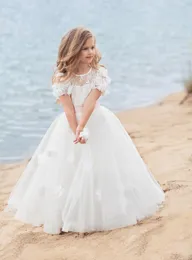 Elegant Flower Girls Dresses 2017 Papilio with Short Sleeves & Hand Made Flowers Real Photos First Communion Dress for Little Girls