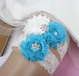 Bridal Garters Rhinestone Pearls Crystal Pärlor Turqoise Blommor Spets för Brudens bröllopsgarders Garters Plus Size Factory Wholeseller