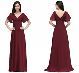 Price Dark Wholesale Red Long Chiffon Dresses V Neck Low Back Flowy A Line Evening Party Gowns with Speaker Sleeves Cheap Online