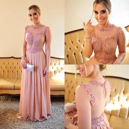 2018 Sexy Sheer Back Crew Pink Evening Dress Floor Length Special Occasion Long With Beaded Evening Gown Lace