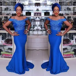 Royal Blue Mermaid Prom Dress Elegant Off-Shoulder Evening Gown, Applique  Detail, Sweep Train, Custom Aso Ebi Style