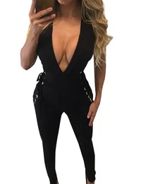 Rompers Wholesale Jumpsuit for Women 2017 Sexig ärmlös Deep Vneck Backless spetsar upp Cut Out Jumpsuit Black Casual Rompers Clubwear KP#