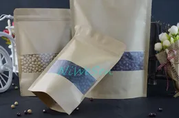 Całe 12x20cm 100 sztuk / partia x stojąca torba papierowa Kraft z Matte Clear Okno Ziplock Bag-Bag-Resealable Pack Coconut / Cocoa Worek Magazyn