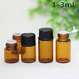 Sub -garrafas de vidro âmbar 1ml 2ml 3ml de frascos de óleo essencial para viajar com ponta de plástico de tampa preta branca