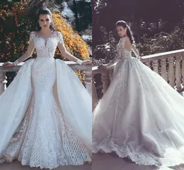 Backless Mermaid Lace Suknie ślubne z odpinanym pociągu Luksusowe świecące rękawy Zroszony Tulle Overskirt Dubaj Arabskie suknie ślubne