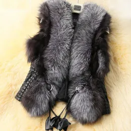 2016 Faux Fur Vest Kvinnor Vinter Varm Ärmlös Out Ytterkläder Faux Fox Fur Leather Slim Waistcoat Elegant Jacka Vest S2464