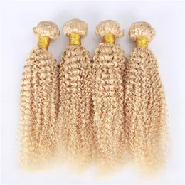 Golden Blonde Brazylijski Ludzki Przedłużanie Włosów Kinky Curly 10-30 "Virgin Hair Voundles Oferty 4 sztuk partii # 613 Blond Ludzki Włosy Double Wefts