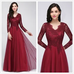 V Real Image Neck Long Sleeves Lace Evening Dresses Tull Backless A Line Floor Length Formal Party Prom Gowns in Stock CPS721