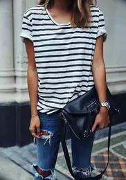 Partihandel-2016 Sommar Mode Ladies Loose Striped T-shirt Kortärmad Toppar Tshirt Vit Svart Kvinnor Casual Kläder