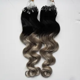 Brazilian Body Wave Hair Ombre Micro Loop Easy Rings / Pärlor Hårförlängningar1b / Silver Grey Ombre Human Hair 200g