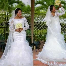 Suknie ślubne w dużych rozmiarach syrena elegancka koralikowa koronkowa koronkowa z długim rękawem organza warstwowa spódnica ślubna sukienki vestidos de novia