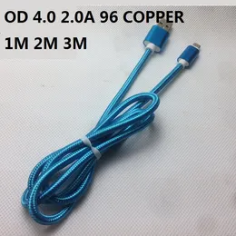 1m od 4.0 2.0a 96 Kopparhastighetsavgift Aluminiummetall Nylon flätad kabel Micro USB-data Sync Laddning Tråd Typ C 300pcs
