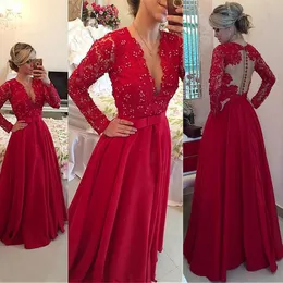 Red Satin Sexy Bling Long Prom Dresses Lace See Through Back Girl Long Sleeves V Neck Special Occasion Prom Gowns Evening Vestid