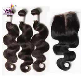 Gratis Mellan 4 * 4 Top Lace Closure Body Wave With Virgin Malaysian Silky Rak Human Hair Weft 4PCS Lot Soft Remy Vody Wave Weave