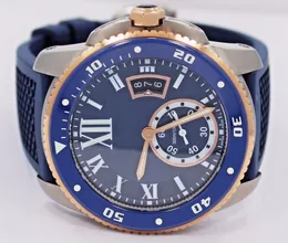 Toppkvalitetsdykare W2CA0009 Blue Dial and Rubber Band 42mm Automatiska Mäns Sport Armbandsur 18K Rose Gold Mens Watch