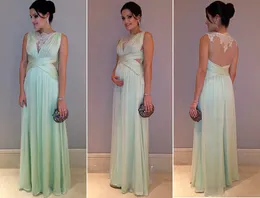 Charming Green Chiffon Evening Gowns Elegant Floor Length Pleat Maternity Dresses 2016 Formal Dresses Applique See Though Back Evening Dress