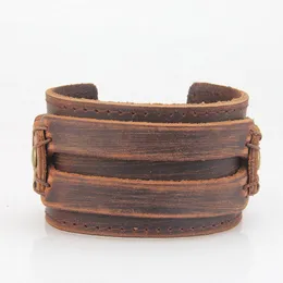 Fashion Jewelery Wide Genuine Leather Bangles Cuff Bracelets Newest Mens Vintage Real Leather Wristband Bracelets