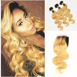 Dark Roots Honey Blonde Lace Closure With Bundles Two Tone Ombre Human Body Wave Hair Weave With Lace Closure Baby Hair Around