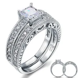 Jóias de luxo por atacado anel personalizado 10KT ouro branco preenchido com topázio branco corte princesa simulado casamento de diamante conjunto de anéis para presente tamanho 5-11