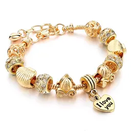 Heart Charm Bransoletka Moda Women List Kocham cię Kryształ Miedź Pozłacane Wąż Łańcuch Koraliki Zroszony Bransoletki 7 Kolory