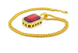 Mens 14K guldpläterad Iced Out Ruby Octagon Hängsmycke Halsband med 2,5 * 4,5 cm 3mm * 24 "Rope Chain