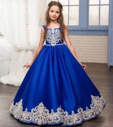 Royal Blue Flower Girl Dresses O-NCK Aplikacje Bez Rękawów Ball Suknia Formalna Bow Sashes First Communion Suknie Vestidos Longo