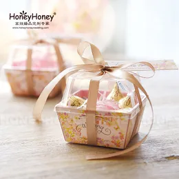 7.5x7.5x7Hcm Wedding Candy Box With PET Cover And Ribbon , guess bag, boite de bonbons mariage, gift paper box