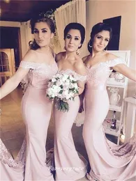 Blush Pink Mermaid Long Druhna Dress Elegant Lace Off The Ramię Maid of Honor Guest Wedding Party Sukienka Plus Size