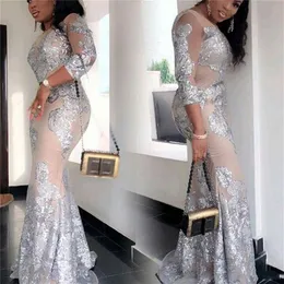 South African Plus Size Women Prom Dresses 2017 Sexy See Through Silver Lace Applique Evening Gowns Mermaid Sheer Long Sleeve Party Vestidos