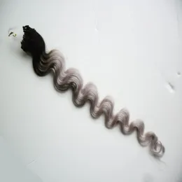 Ombre Brazylijski Micro Nano Pętla Pierścień Włosy 100g Ciała Fala 1B / Srebrna Szary Rozszerzenia Włosów Micro 1G Dziewicy Mikro Ring Extensions