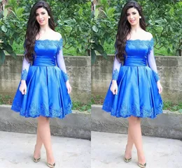 Royal blue Short Homecoming Dress with Long Sleeve Bateau Neck Party Dress Off the Shoulder Knee Length Prom Gowns with Lace Decals Newest