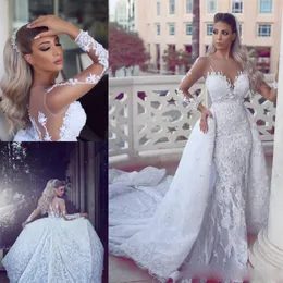 2017 Luxury Lace Detachable Train Mermaid Wedding Dresses With Sheer Neck Long Sleeves Bridal Gowns Appliques Back Buttons Vestidos