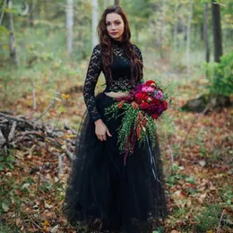 Gothic Black Wedding Dress Country Two Pieces Illusion Lace Top High Neck Long Sleeve Halloween Wedding Dresses Tulle Bridal Gowns