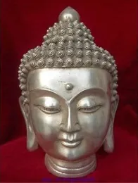 14 * 9 CM Bouddhisme Blanc Curanc Curance Shakyamuni BouddhaTêteBuste Statue置物静かなDe Jardin 100％RéelTibétainArgent en Laiton
