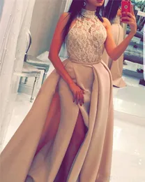 Arabiska Dubai High Neck Lace Evening Dresses Long Prom Dresses Overkirt Side Split Evening Gowns Satin Vestido de Festa Longo Party Gowns