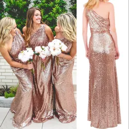 Sparkling Rose Gold Sequins Bridesmaid Dress Fashion One Shoulder Sleeveless Elegant Long Wedding Party Gowns 2017 New Sexy Prom Dress Cheap