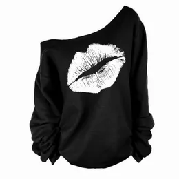 Wholesale- 2015 Women Sweatshirts One Piece Sexy Red Lips Print Oversized Off Shoulder Edge Female Pullovers Long sleeve lady Hoodies