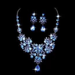 Crystal Bridal Wedding Jewelry Set Fashion Rhinestone Water Drop Earrings Necklace Set Hollow Flower Women Party Jewelry Set Gift