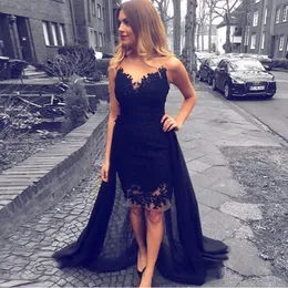 Black Short Prom Dresses Sheer Neck High Low Party Dresses Illusion Back Sheath Knee Length Navy Blue Evening Gowns Cocktail Dresses