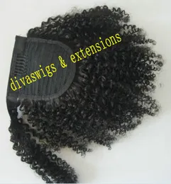 Clip i Jet Black Afro Kinky Curly Wrap Around Real Human Hair Drawstring Ponytail Hair Extensions 100g