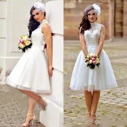 2020 Vintage Lace Wedding Dresses Short Boho Beach Cheap High Neck Backless Knee Length Bridal Gowns Vestido De Noiva