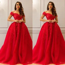 2019 röd boll klänning spets kväll klänningar applikationer pärlstav av axel halsringning prom klänning golv längd ruffles formella kvällsklänningar