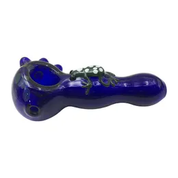 Blue Fumed Glass Spoon Pipe with Frog Attached: Heady Bowl Hand Pipe
