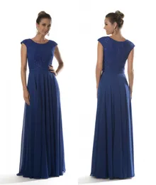 Royal Blue Koronki Szyfonowe Skromne Druhna Dresses Cap Rękawy Długość Długość Piętra Formalna A-Line Simple Wedding Party Dresses Upadek Tanie