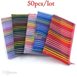 Estilo de moda 50 pçs / lote cosmético saco portátil linhas coloridas malha nakeup caso de lavagem de caso