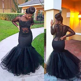 Sexy Illusion Bodice Prom Dresses Black Lace Appliques Sheer Long Sleeves Evening Gowns Saudi Arabia Mermaid Women Formal Wear Vestidos