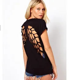 Partihandel-nytt 2016 varumärke Summer Autumn Women Fashion T Shirt Backless Laser Gravering Stencil Angel Sexig Summer Tees Tops