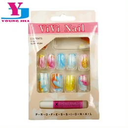 Wholesale-Full Cover Nails UV Gel False Fake Art Nail Tips Fashion Colorful Faux Ongels 12 Pieces/Set With Glue Summer Lovers Girl/ Women