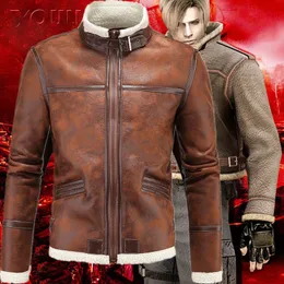 5xl Resident Evil 4 IV PU Mężczyźni Kurtka Plus Velvet Leon Kennedy Faux Leather Stand Stand Collar Futro Kurtki Kostiumy Gruby Płaszcz J161111
